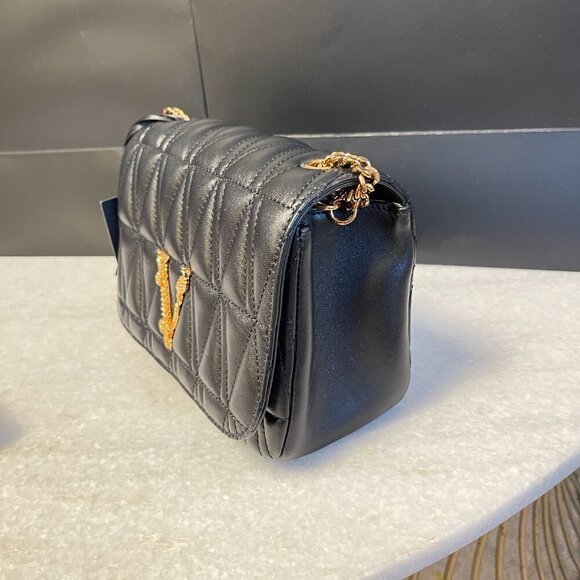 Versace Trapuntata Quilted Black Leather Shoulder Bag On Chain, DBFH821 - Picture 3 of 15